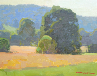 Painting of Gold Field with Wooded Hill in the Background