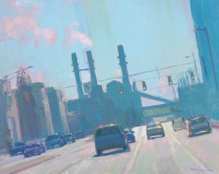 Indianapolis Painting with Industrial Smoke Stacks in the Background