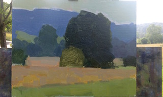 Painting of Gold Field with Wooded Hill in the Background