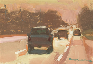 Cityscape Painting of Vehicles driving towards evening sun